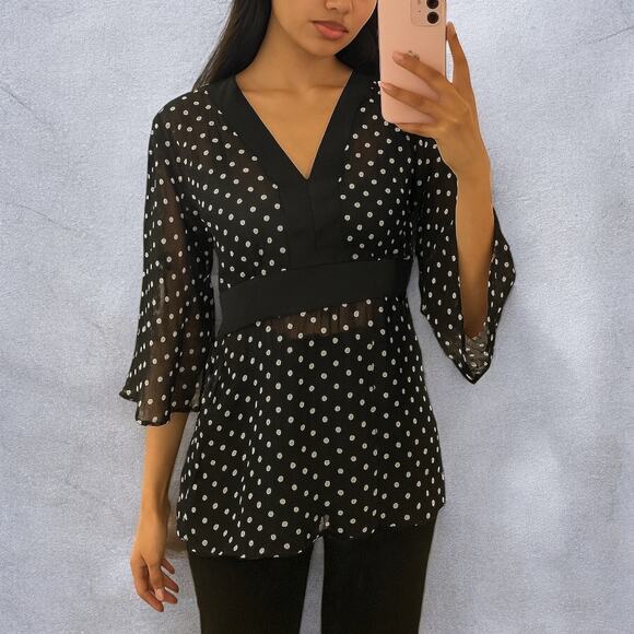Vintage Y2K Notations Sheer Black Polka Dot Metallic Stripe Empire Waist Blouse - Picture 1 of 9